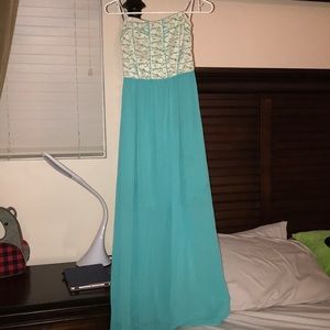 Strapless teal blue maxi dress w lace detail